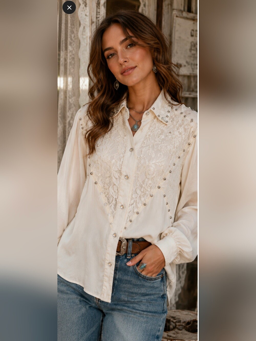 Vintage Hi Tech by Dina White Silk Lace Studded Blouse Sz M Western Victorian